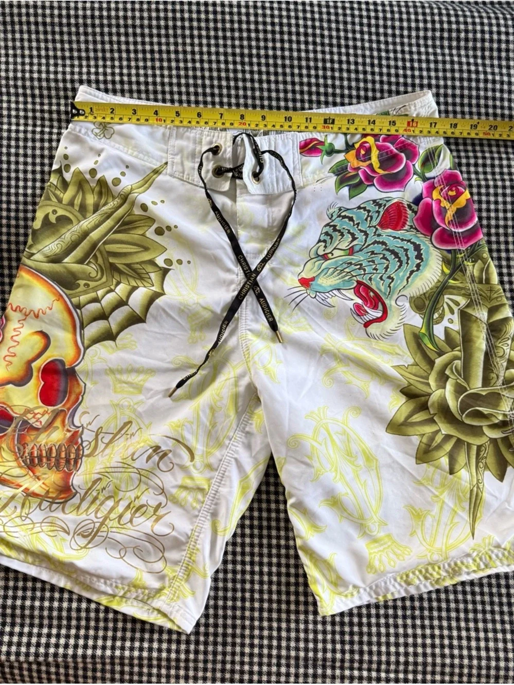 Christian Audigier Tattoo-Print Ed Hardy Board Shorts with Skull/Tiger Y2K! 💀